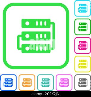 Connected servers vivid colored flat icons in curved borders on white background Stock Vector