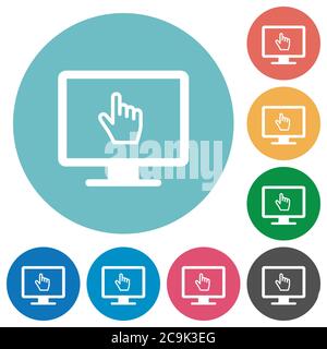 Monitor with pointing cursor flat white icons on round color backgrounds Stock Vector