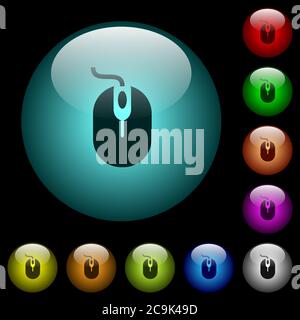 Computer mouse with cord icons in color illuminated spherical glass buttons on black background. Can be used to black or dark templates Stock Vector