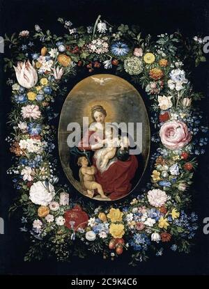 Jan Breughel (II) - Virgin and Child with Infant St John in a Garland of Flowers Stock Photo