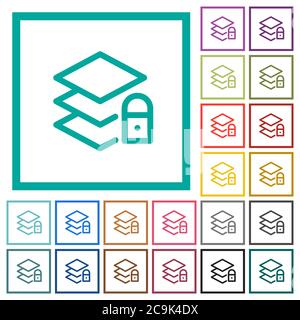 Locked layers flat color icons with quadrant frames on white background Stock Vector