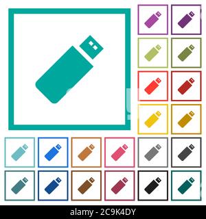 Pendrive flat color icons with quadrant frames on white background Stock Vector