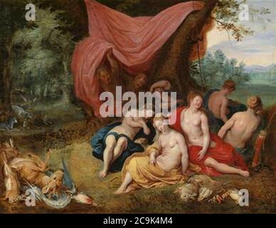 Jan Brueghel II Jan van Balen - The sleeping goddess Diana and her nymphs after the hunt observed by satyrs. Stock Photo
