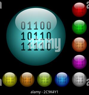 Binary code icons in color illuminated spherical glass buttons on black background. Can be used to black or dark templates Stock Vector