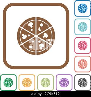 Pizza simple icons in color rounded square frames on white background Stock Vector