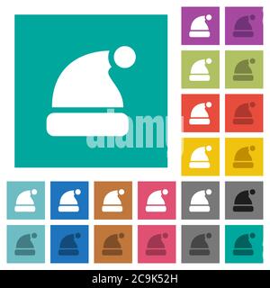 Santa hat multi colored flat icons on plain square backgrounds. Included white and darker icon variations for hover or active effects. Stock Vector