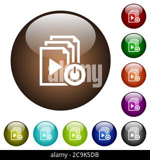 Exit from playlist white icons on round color glass buttons Stock Vector