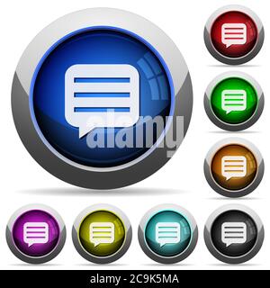 Message box with rows icons in round glossy buttons with steel frames Stock Vector
