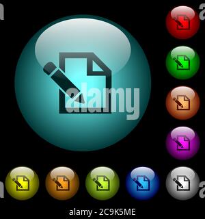 Edit with pencil icons in color illuminated spherical glass buttons on black background. Can be used to black or dark templates Stock Vector