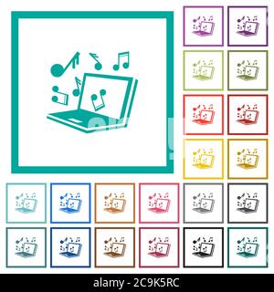 Laptop with music symbols flat color icons with quadrant frames on white background Stock Vector