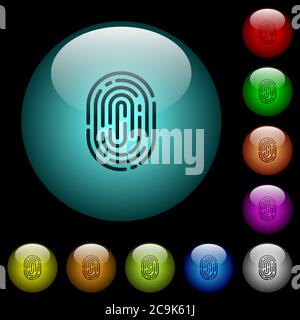 Fingerprint icons in color illuminated spherical glass buttons on black background. Can be used to black or dark templates Stock Vector