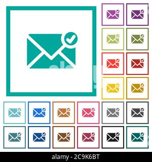 Mail sent flat color icons with quadrant frames on white background Stock Vector