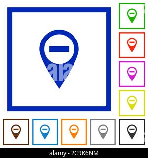 Remove GPS map location flat color icons in square frames on white background Stock Vector