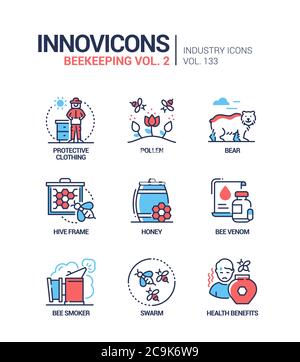 Beekeeping - modern colorful line design style icons Stock Vector
