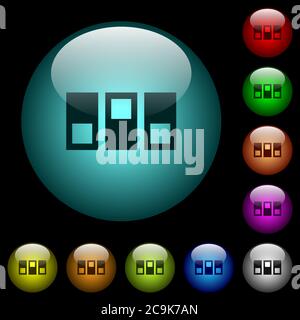 Switchboard icons in color illuminated spherical glass buttons on black background. Can be used to black or dark templates Stock Vector
