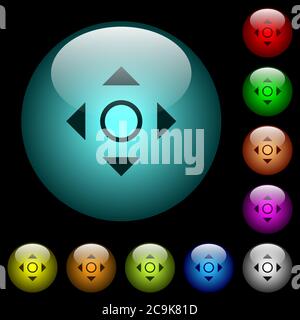 Scrolling tool icons in color illuminated spherical glass buttons on black background. Can be used to black or dark templates Stock Vector