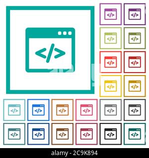 Programming code in software window flat color icons with quadrant frames on white background Stock Vector