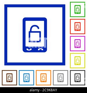 Smartphone unlock flat color icons in square frames on white background Stock Vector