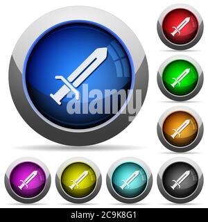 Sword icons in round glossy buttons with steel frames Stock Vector