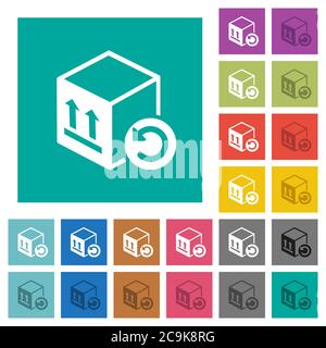 Package return multi colored flat icons on plain square backgrounds. Included white and darker icon variations for hover or active effects. Stock Vector