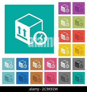 Package shipping time multi colored flat icons on plain square backgrounds. Included white and darker icon variations for hover or active effects. Stock Vector