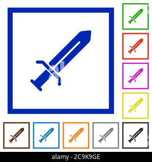 Sword flat color icons in square frames on white background Stock Vector