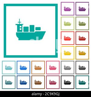 Sea transport flat color icons with quadrant frames on white background Stock Vector