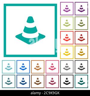 Traffic cone flat color icons with quadrant frames on white background Stock Vector