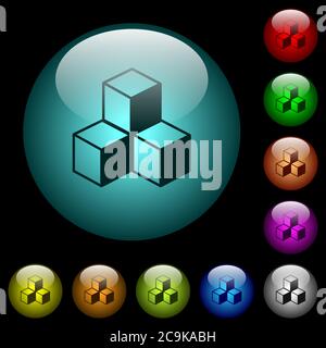 Cubes icons in color illuminated spherical glass buttons on black background. Can be used to black or dark templates Stock Vector
