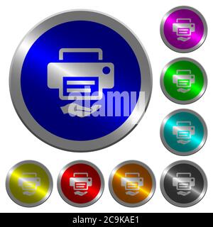 Shared printer icons on round luminous coin-like color steel buttons Stock Vector