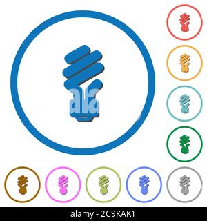 Energy saving fluorescent light bulb flat color vector icons with shadows in round outlines on white background Stock Vector