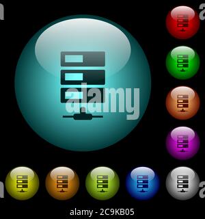 Data network icons in color illuminated spherical glass buttons on black background. Can be used to black or dark templates Stock Vector