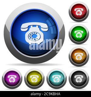 Vintage retro telephone icons in round glossy buttons with steel frames Stock Vector
