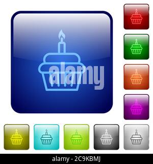Birthday cupcake icons in rounded square color glossy button set Stock Vector