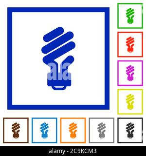 Energy saving fluorescent light bulb flat color icons in square frames on white background Stock Vector