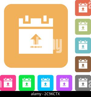 Upload schedule data flat icons on rounded square vivid color backgrounds. Stock Vector