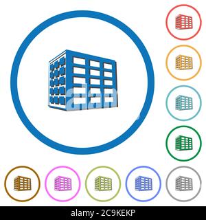 Office block flat color vector icons with shadows in round outlines on white background Stock Vector