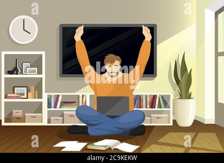 Bearded man sits on the floor and works at a laptop. Remote work via the Internet. Freelancer. Young guy freelancer sits on the floor with a laptop Stock Vector