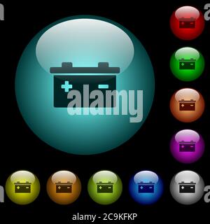 Accumulator icons in color illuminated spherical glass buttons on black background. Can be used to black or dark templates Stock Vector