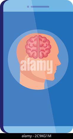 mental health assistance online in smartphone, silhouette of human profile with brain, on white background Stock Vector