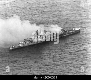 The burning Japanese cruiser Mikuma, 6 June 1942. Japanese heavy ...