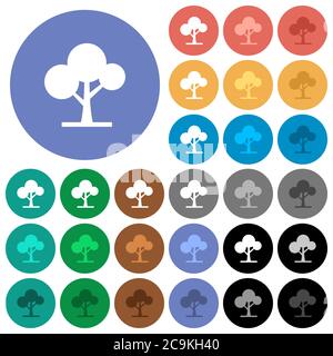 Leafy tree multi colored flat icons on round backgrounds. Included white, light and dark icon variations for hover and active status effects, and bonu Stock Vector