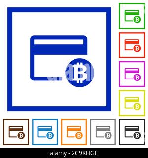 Bitcoin credit card flat color icons in square frames on white background Stock Vector