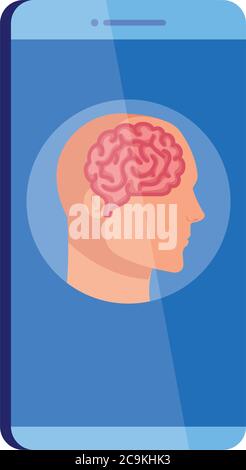 mental health assistance online in smartphone, silhouette of human profile with brain, on white background Stock Vector
