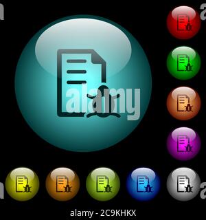 Bug report icons in color illuminated spherical glass buttons on black background. Can be used to black or dark templates Stock Vector
