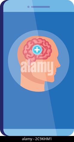 mental health assistance online in smartphone, human profile with brain and cross symbol, mind positive on white background Stock Vector