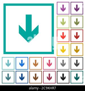 Down arrow flat color icons with quadrant frames on white background Stock Vector