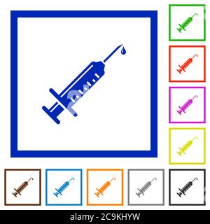 Syringe with drop flat color icons in square frames on white background Stock Vector
