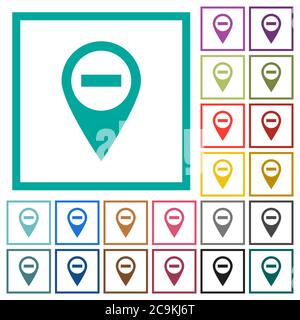 Remove GPS map location flat color icons with quadrant frames on white background Stock Vector