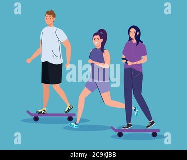 young people performing activities, couple in skateboard and woman running Stock Vector
